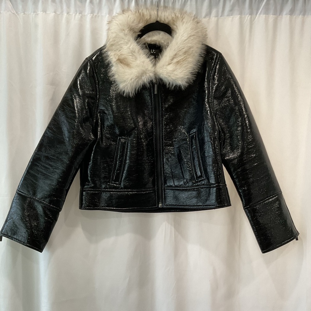 EUC Unreal Fur Wet Look Faux Patent Leather Aviator Jacket